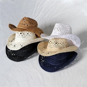 Cloches Cowboy Hollow Straw Hat Men نساء صيف شمس الحماية من أشعة الشمس مان امرأة شاطئ الظل قبعات Roll Brim Caps