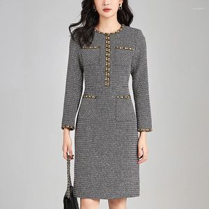 Günlük elbiseler Kadınlar için zarif moda 2024 Sonbahar Kış Pırlanta Uzun Kollu Houndstoth Kadın Giyim Vintage Tweed Elbise İnce