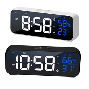 Musik Alarmklocka Temperatur Fuktighet Voice Control/Alaways On Table Clock Dual Alarm Wall uppladdningsbara digitala LED -klockor 240417