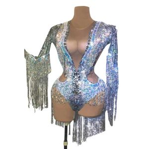 Scene Wear Sparkly Rhinestones Sequin Tassels Bodysuit Stretch Long Sleeve Leotard Nightclub DJ Singer DS Costume Party Show Stage Outfits D240425