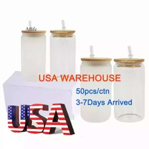 US CA STOCK 2 Day Delivery 16Oz DIY Blank Sublimation Can Tumblers Shaped Beer Glass Cups With Bamboo Lid And Straw For Iced Coffee Soda 0926 0425