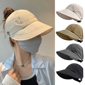 Breda rand hattar hink hattar bred ytterdiameter ihålig topp solhatt justerbar ihålig topp hatt ansikte mask krok design hatt uv skydd hästsvans baseball hatt 240424