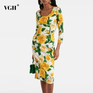 VGH Hit Color Floral Printing Elegant Dresses For Women Round Neck Long Sleeve High midje Splicd Zipper Dress Female Fashion 240417