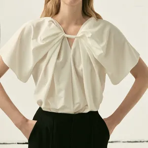 Женские блузки 2024 летние минималистские женские женские женские плиссированные атласные атласные сетки с короткими рукавшими рукав