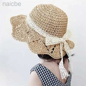 WQ56 CAPS HATS Panama Summer Baby Hat Straw Baby Girl Cap Fashion Lace Bow Kids Beach Cap Hat Princess Baby Hats and Caps Kids Hats D240425