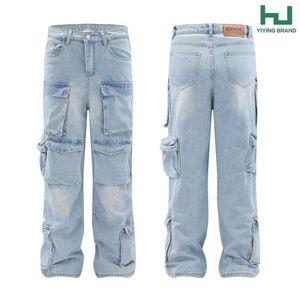 American Style Street Washed Worn-out Multi Pocket Denim Workwear Pants, Unisex Loose Wide Leg Straight Leg Pants