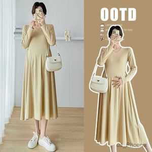 Maternity Dresses Korean Style V-neck Loose Maternity Cotton Dress Long Sleeve Solid Color Pregnant Woman Basic Dress Plus Size Pregnancy Clothes