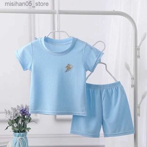 Kleidungssets 1-7y Baby Jungen Kleidungsstück Set Summer Atmungsfreie Eisseide Vorschulmädchen Kleidung Top+Hosen 2pcs Pyjama Set Childrens Clothing A1070 Q240425