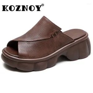 Slippare Koznoy 5.5 cm 2024 Kvinnor Peep Toe Cow äkta lädermockasin British Platform Wedge Ladies Mary Jane Slipper Rome Summer Shoes