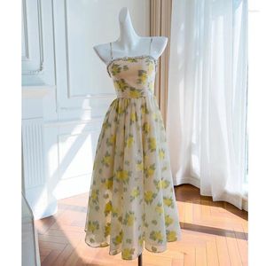 Lässige Kleider funkelnde Strassschuh bloßes Rücken gelber Blumen Jacquard Elegant Damen Abendkleid