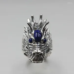 Cluster Rings Real 925 Sterling Silver Domineering Personlighet Dragon Head Male Ring Lapis Lazuli inlaid