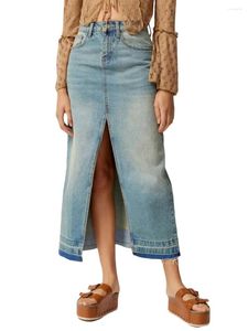 Skirts Women's Long Denim Casual Mid Waist Split Front Midi Jean With Pockets