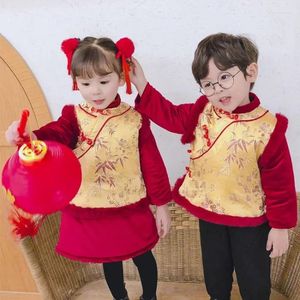 Giyim Setleri 2024 Çinli Geleneksel Çocuk Yıl Takım Erkek Kız Retro Çiçek Baskı Hanfu Elbise Seti Kawaii Rol Oyun Oyun Kostümleri