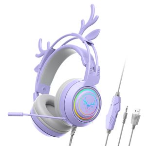 Headphones Kids Adults With Detachable Deer Ears 3D Surround Sound RGB Backlight Wired Gaming Headset Cute Gift Universal For PC Girl