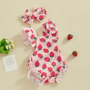 Rompers Baby Girls Romper Bodysuit and Headband Strawberry/Flower/Cherry Print Sleeve Frill