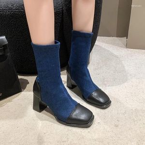 Boots 2024 Fashion Shoes For Women Sleeve Women's Winter Square Toe Mixed Colors Short Barrel Chunky Heel Zapatos