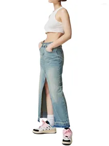 Röcke Frauen langen Jeans mit schlitzer Vintage dehnbar hoher Taille Jeans Rocktaschen Y2k Streetwear