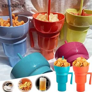Tumblers New 2 i 1 Creative Popcorn Snack Cup Integrerad dryck med handtag Portable Novel Design och många funktioner H240425