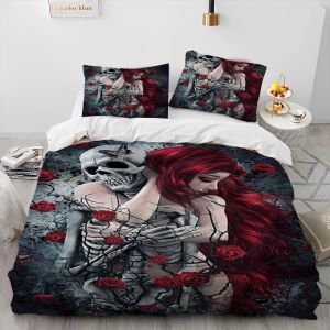 sets 3D Horror Gothic Female Skull Dead Girl Comforter Bedding Set,Duvet Cover Bed Set Quilt Cover Pillowcase,Queen Size Bedding Set