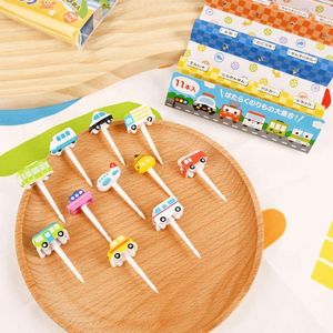 Gabeln 6/11pcs Cartoon Auto Flugzeug Frucht Plastik Mini Kinder Kuchen Zahnstocher Dessert Gabel Picks Bento Lunch Box Dekor Dekor