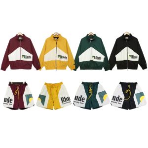 男性用のrhudeジャケットヴィンテージrhude hign street野球ジャケットレトロパッチワークジッパーロゴプリントショートジャケット +カジュアルショーツプラスサイズ特大