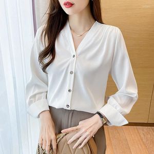 女性のブラウスBlusas Mujer de Moda 2024 v-neck White Blouse Shirt Leng Sleeve Chiffon Women Topsシャツ