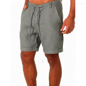 Män shorts sommar män solid färg bind upp sportbyxor bomull och linne fem poäng avslappnad