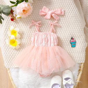 Endelar 018 månader nyfödda spädbarn babykläder baby flicka romper rosa klänning rem romper tulle tutu klänning med pannband outfit