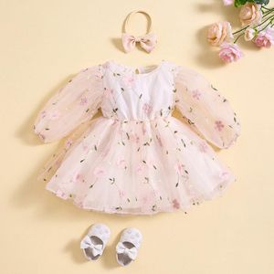 Girl Dresses Princess Baby Girls Flower Grovidery Dress with Headband Tulle Infant A-Line Long Maniche Abiti da 2 pc Outfit