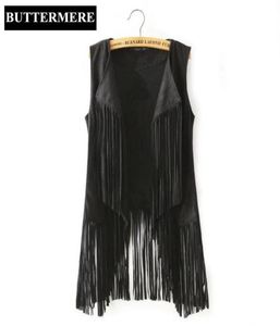 Buttermere Brand Clothing Fringe Suede Vest Women Faux Leather Sleeveless Jacket Tassel Ethnic Waistcoat Black Brown Chalecos2301898