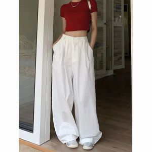 Capris Zoki Y2K White Hip Hop Wide Leg Pants Women Autumn High talia Koreańskie spusty o dużym obudowie Loose Chic