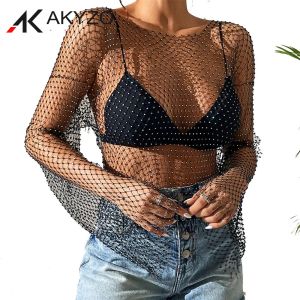 TシャツY2KメッシュThe Seel Seel Sthe Shimy Shiny Rhinestone Fishnet Hollow Out women sexy crop top comis cover cover up party tank tops