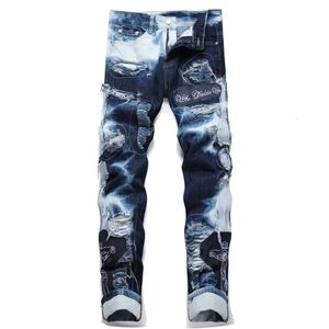 Zaginowany plastra litera haftowe mody dżinsy jeansowe jesienne zima High Street Midd-Pist-Beist Proste Leg Casual Pants 240417