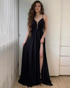 Party Dresses Sexy A-Line Long Chiffon Black V-Neck Evening With Slit Floor Length Corset Back Pleated Formal Dress For Women