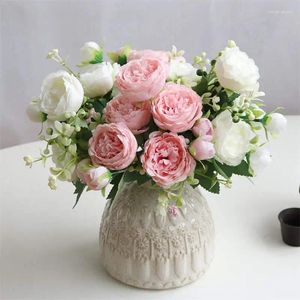 装飾的な花1/3pcs人工シルク牡丹屋外の結婚式のテーブルのセンターピースのためのライトピンクの偽の牡丹花束花のアレンジメント
