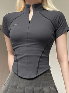 Y2K Metal Crop Top Zipper Grey Short Sleeve Biker Moto Tee Korean Fashion Streetwear T Shirt Grunge Chic Outfits 90s 240424