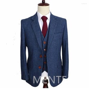 Mäns kostymer tweed ull män för företag 3 stycken fiskbens formella bröllop groom tuxedo hackad lapel modejacka västbyxor 2024