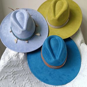 Womens Suede 10cm Wide Brim Fedora Hat Mens Autumn and Winter Felt Jazz Classic Sombrero 240423