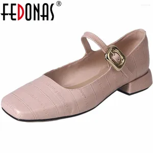 Casual Shoes FEDONAS Fashion Women Pumps Buckle Strap Genuine Leather Square Toe Spring Summer Low Heels Mary Janes Office Lady Woman