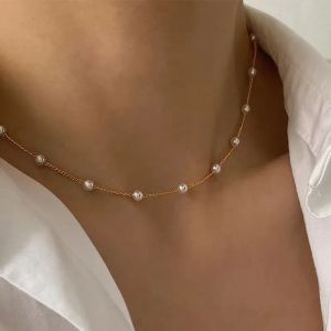 Vintage Imitation Pearl Chain Choker Necklace for Women Gold silver Color Link Chest Chain Necklace