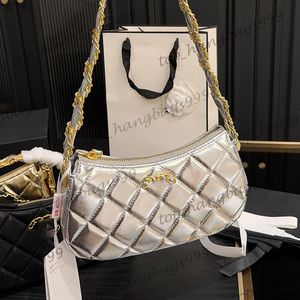 Shiny Metallic Leather Underarm Hobo Shoulder Bags Gold Silver Black Handbags With Gold Chain Wide Shoulder Straps Luxury Designer Brand Purse 24X13cm