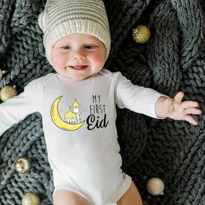 Rompers min första ramadan nyfödda baby bodysuit spädbarn eid långärmad baby jumpsuit eid pojke flicka ramadan kläder islamiska muslimska kläder d240425