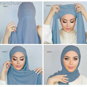 Hijabs 2pcs Oneness pronto a indossare Hijab Scarf Muslim Women Chiffon Hijabs con Jersey Inner Cap Cap Head Undercarf Headwrap D240425