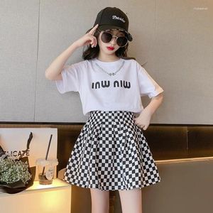 Clothing Sets 2024 Summer Girls Children Set Letter Loose T-Shirt Pleated Checked Plaid Skirts Kids Clothes Teenager 4 5 8 7 12 Year