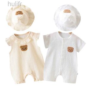 Rompers 2st Baby Summer Jumpsuits Hat Set Bear Muslin nyfödd romper för pojkar flickor kläder småbarn onesie spädbarn outfit kläder d240425