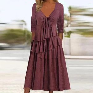 Casual Dresses V-Neck Front Drawstring Long Sleeve Pockets Women Dress Layered Ruffle Cake Hem Midi Streetwear