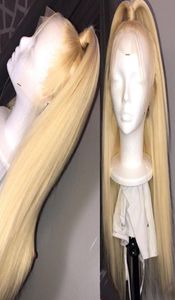Blond spetsfront peruk brasiliansk rak simulering mänskliga hår peruker för plukced syntetisk spets front peruk 180 densitet 613 spets fron4130880
