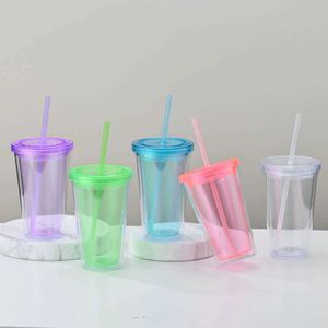 Tumblers Clear Colorful Tumbler 16oz Water Cup With Straw Plastic Travel Mug Double Wall Iced Coffee For Bridesmaid Gift H240425