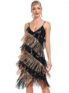 Bühnenbekleidung erwachsene Frauen schleudern Rückenless Pailletten Quaste Kleid kontrastierende ärmellose Party Club Tanzkleidung Latin Rock Rumba Cha Mini