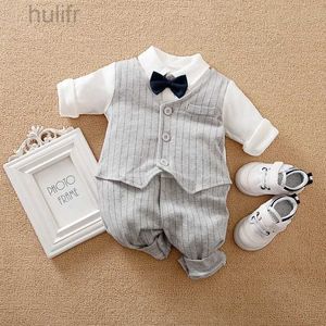 Romper abiti neonati in stile Gentlemanly Party Cotton morbido 0-18m Boys and Girls Spring and Autumn Baby Long Sleeved Salted D240425